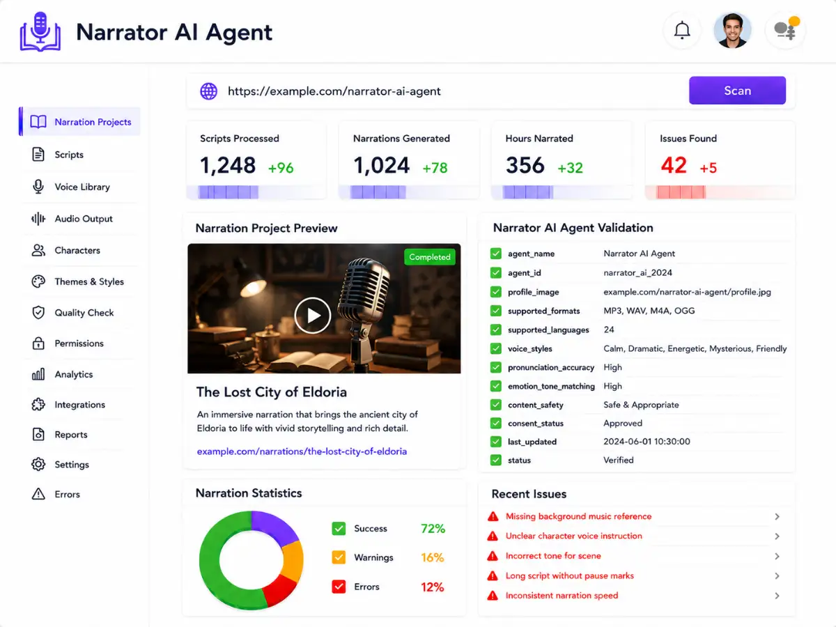 ainarrator.app AI narrator app — dashboard preview